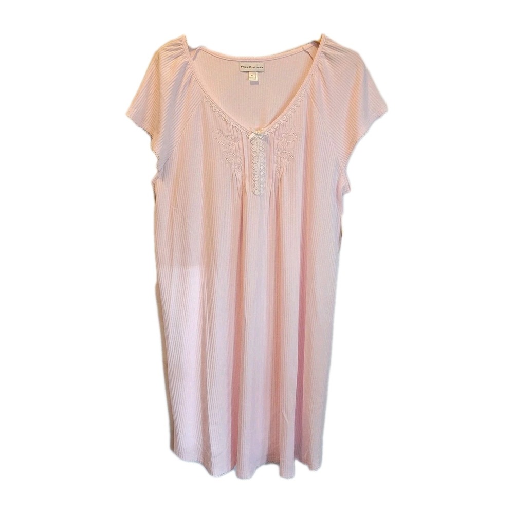 Miss Elaine Pink Embroidered Neckline  Flutter Sleeve Lounge Nightgown Sz XL